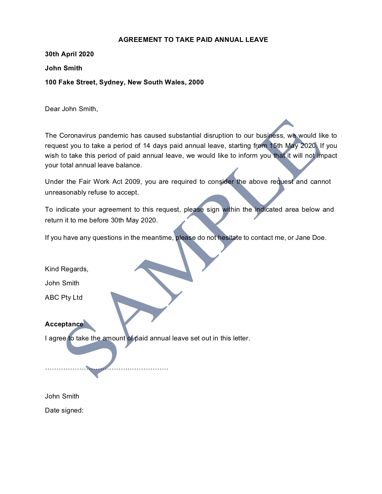 Agreement To Take Paid Annual Leave Free Template Sample Lawpath
